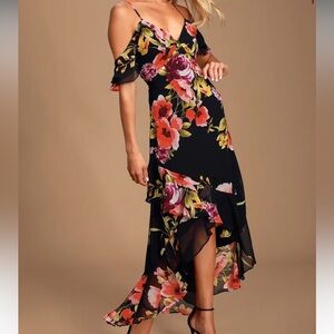 NWT Lulu’s Love in Bloom Black Floral Print Off-the-Shoulder High-low Dress